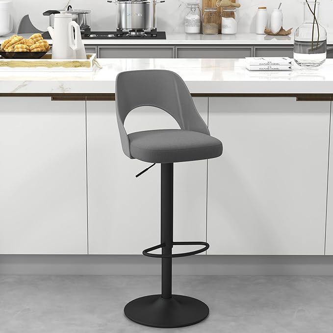 civama Bar Stools 1 PC for Kitchen Counter, Seat Height Adjustable 25''-33'', Modern Upholstered Swivel Island Chairs with Hollow Backrest Metal Base, Grey