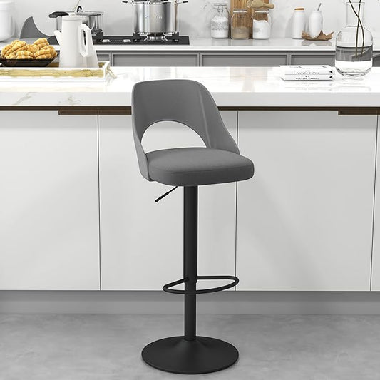 civama Bar Stools 1 PC for Kitchen Counter, Seat Height Adjustable 25''-33'', Modern Upholstered Swivel Island Chairs with Hollow Backrest Metal Base, Grey