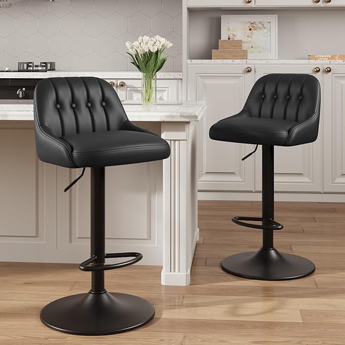 Bar Stools Set of 2, Swivel Bar Chairs, Modern Adjustable PU Leather Upholstered Barstools Counter Height with Tufted Back for Bar, Kitchen Counter Island, Dining Room, Black