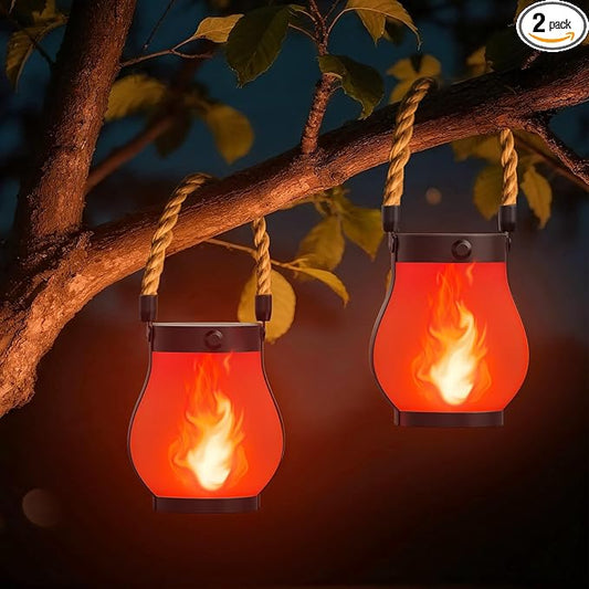 Hompavo Gen2 Solar Lanterns Outdoor Waterproof with Realistic Flickering Flame, Dual Charging (USB/Solar) & 2 Modes - Decorative Hanging/Table Lights for Patio Garden Porch Halloween Decor, 2/Red