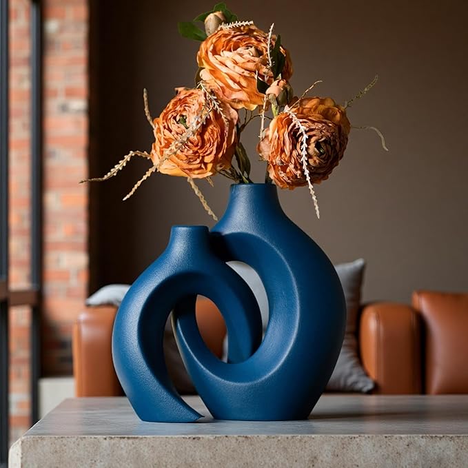 Snuggle Hollow Ceramic Vase Set of 2, 8.4 inch Modern Nordic Coastal Shaped Pampas Grass Aesthetic Decorative Table Vases for Home Decor (Matte Navy Blue - M)