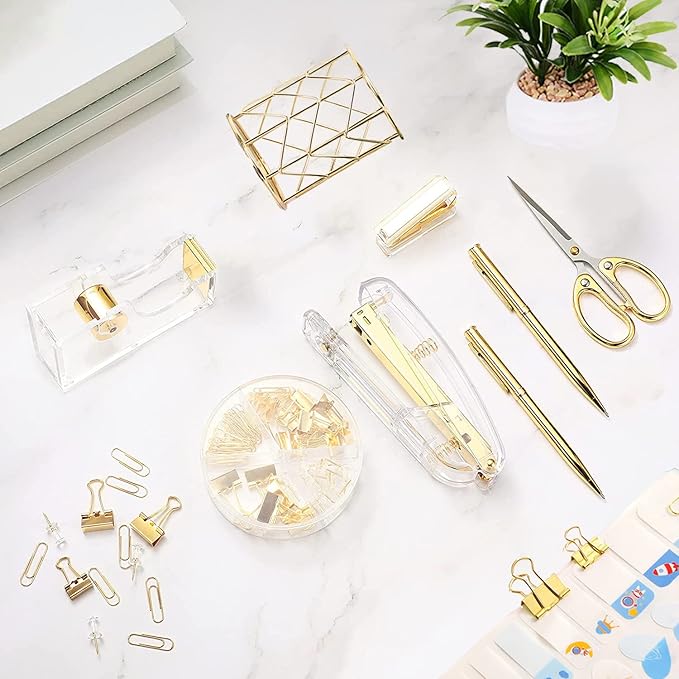 Famassi Gold Desk Accessories，Office Supplies Set Acrylic Stapler Set Staple Remover, Tape/Pen Holder, 2 Ballpoint Pen, Scissor, Binder/Paper Clips and 1000pcs Staples.