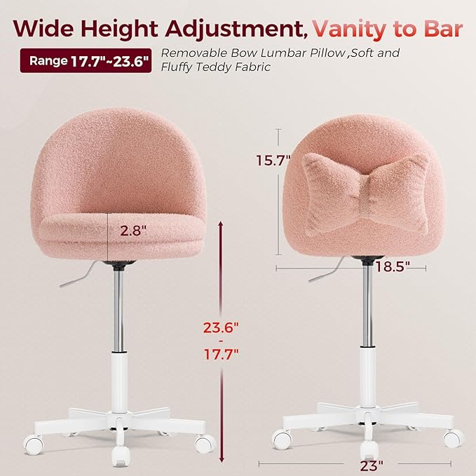 COMHOMA Vanity Chair with Teddy Velvet, Small Tall Armless Chair with Back, Cute Candy Chair for Girls Gift Living Room/Makeup Room/Bedroom/Kitchen (Height Use: Adjustable from Desk to Bar Height)