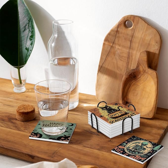 Halloween Drink Absorbent Coasters with Holder Set of 6, Ceramic Stone with Cork Base, Vintage Pumpkin Coaster for Drinks, Gift for Housewarming Room