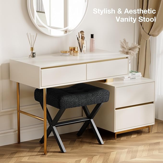 18-Inch Large Vanity Stool Chair, Vanity Bench with Metal X-Legs, Ottoman Accent Stool with Breathable and Soft Boucle Fabric Saddle Seat, Black