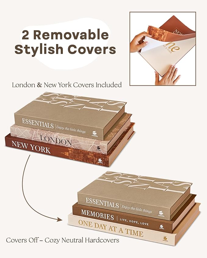 JULZEN Linen Decorative Books for Home Decor - Aesthetic Set of 3 Beige Fake Books for Coffee Table Decor with Faux Book Box Storage, Wood Knot & Bead Garland - Neutral Living Room Decoration