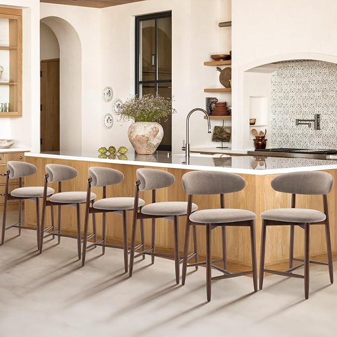 COLAMY Upholstered Counter Height Bar Stools Set of 6, Kitchen Island Stools with Back, Modern Counter Stools Island Bar Chairs with Wood Legs for Kitchen Island Dining Room Bar, Camel