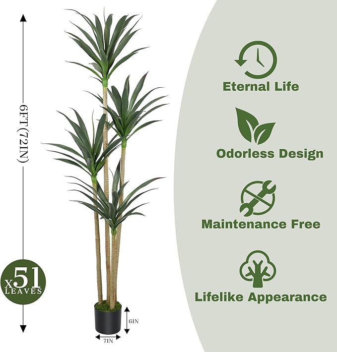 6ft Faux Agave Plant Artificial Tree with 51 Leaves and 3 Large Realistic Trunks,Fake Floor Potted Artificial Tall Plants for Home Office Garden Decor Indoor (6Feet,1Pack)