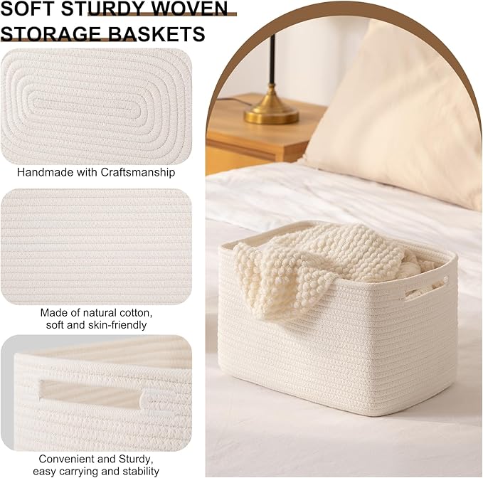 Storage Baskets for Organizing, Woven Decorative Baskets for Shelves - Books, Towels, and Clothes, Cotton Rope Toy Storage Bins, 12.7''Lx9''Wx7.8''H, Pack of 4, White
