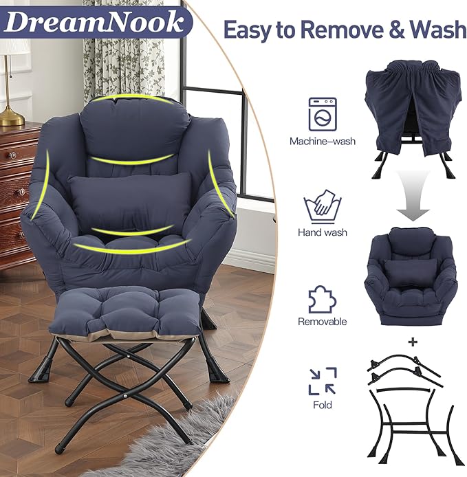 Lazy Chair with Ottoman, Modern Accent Chair with Lumbar Pillow, Comfy Chairs with Folding Footrest for Bedroom, Reading, Oversized Supportive Lounge Chairs(Navy Blue)
