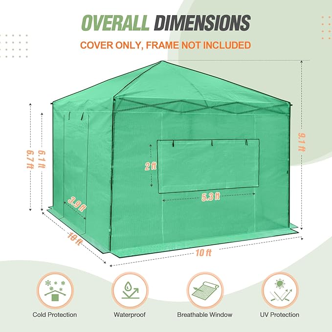 EAGLE PEAK Replacement Cover for 10x10 Portable Walk-in Pop up Greenhouse, Front Roll-Up Zipper Entry Door and 2 Large Roll-Up Side Windows (Frame Not Included), Green