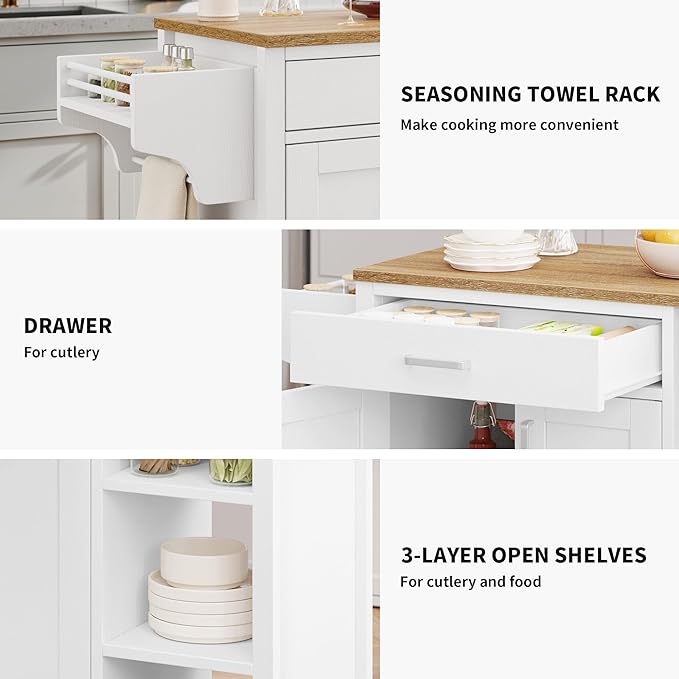 YITAHOME 37" Rolling Kitchen Island Cart with Storage, Butcher Block Island on Wheels, Mobile Kitchen Storage Carts with Shelves & Spice Rack, White