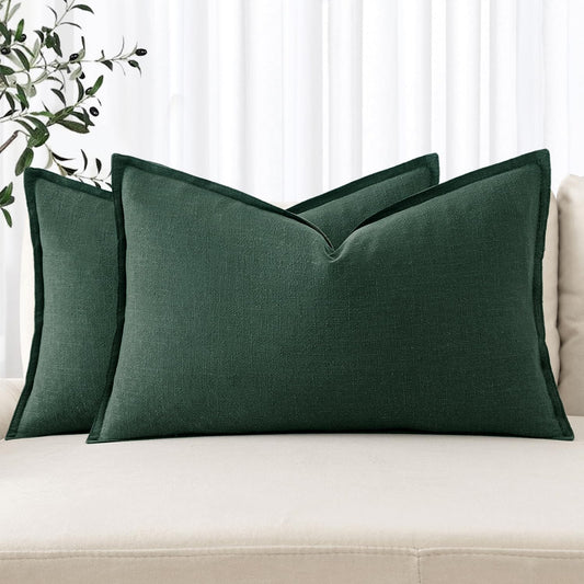 MIULEE Decorative Linen Lumbar Pillow Covers 12x20 Inch Dark Green Boho Farmhouse Neutral Couch Throw Pillows for Bed Pack of 2 Accent Modern Pillowcase Sofa Livingroom Home Decor