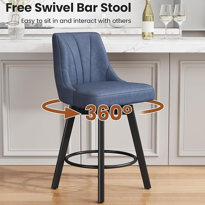 Counter Height Swivel Bar Stool, 24" Upholstered PU Leather Barstools Set of 6, Counter Stool Chair with Back & Solid Wood Legs for Kitchen Island Dining Room (Blue)