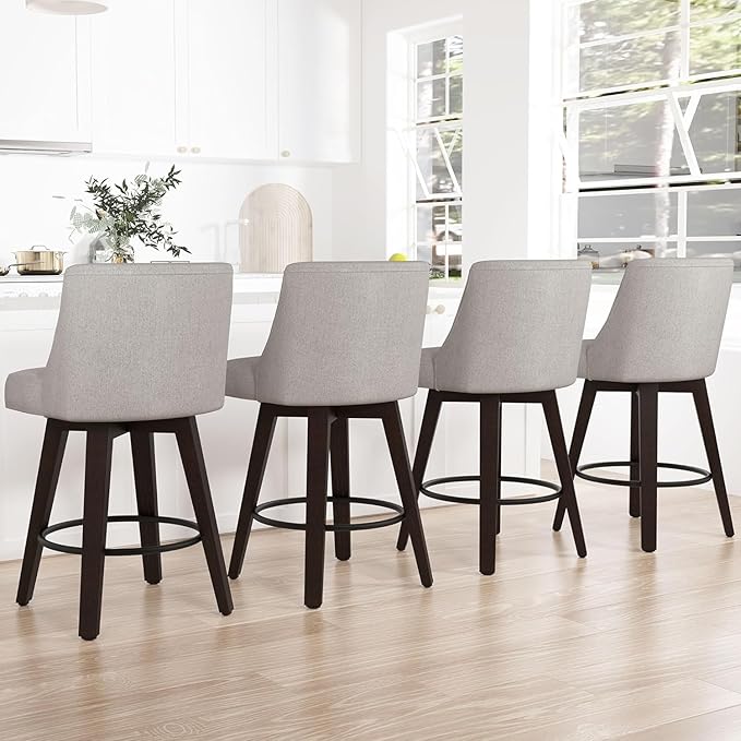 Counter Height Bar Stools Set of 2, 360°Swivel Upholstered Barstools with Back and Solid Wood Legs, 26" H Seat Height, Fabric in Fog Grey