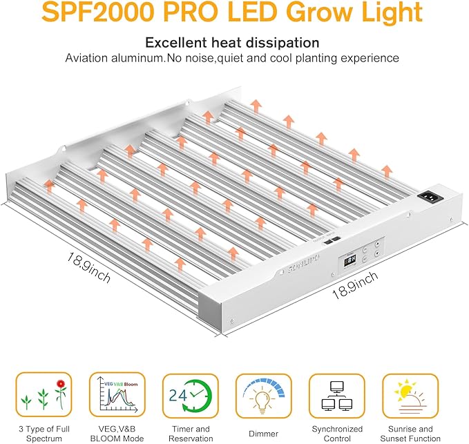 2024 New SPF2000 PRO 200W LED Grow Light 3x3ft Coverage with Veg & Bloom Dimmer Timer Full Spectrum Grow Lamps for Indoor Plants Seeding Flowering LED Plant Light Fixture
