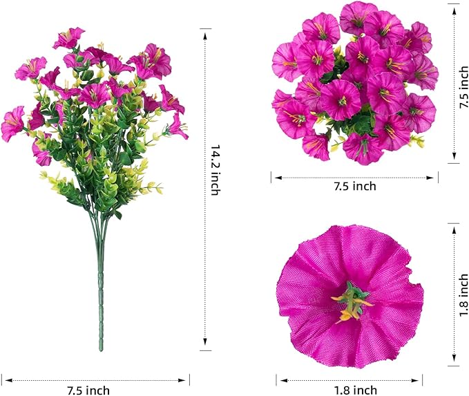 Artificial Flowers for Outdoors Fake Plants Outside Decoration, 12 Bundles Silk Colorful Morning Glory with Eucalyptus UV Resistant Realistic Faux Flowers for Planter Front Door Garden Yard