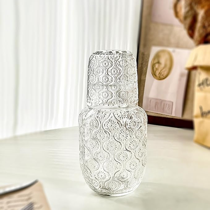 Vintage Bedside Water Carafe and Glass Set for Bedroom Nightstand, Bedside, Ticked Glass Mouthwash Decanter for Bathroom, Water Pitcher Set 18.5 oz