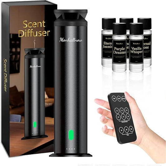 Waterless Scent Diffuser Starter Kit - 1000 Sq Ft Coverage, Premium Essential Oil Diffuser for Home, Hotel & Office, 5 Essential Oils Included, Remote Control, Black