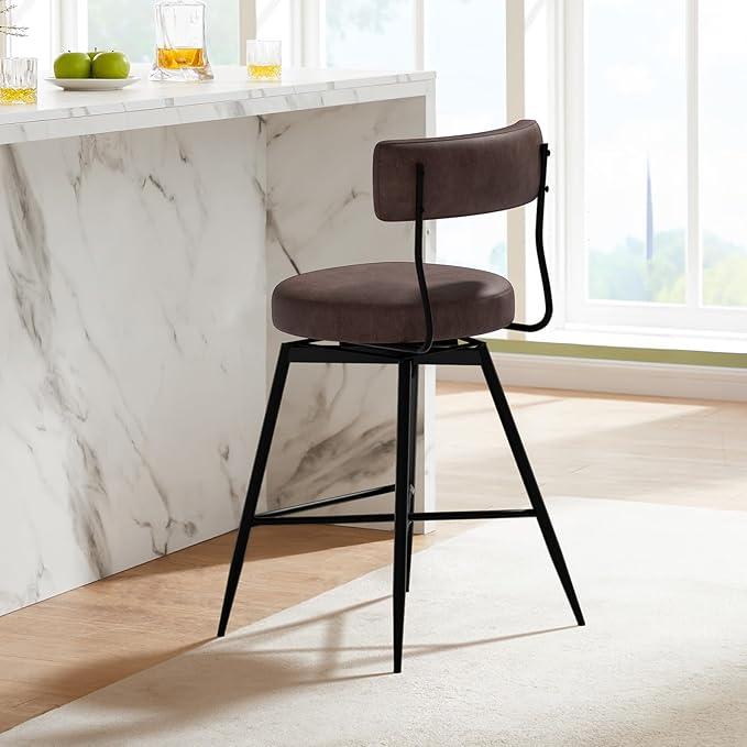 Swivel Counter Height Bar Stools with Back, 29 Inch Brown PU Leather Upholstered Kitchen Bar Chairs for Kitchen Counter Island, Dining Chairs with Footrest Metal Legs