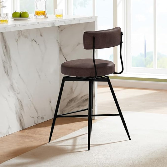 Swivel Counter Height Bar Stools with Back, 29 Inch Black PU Leather Upholstered Kitchen Bar Chairs for Kitchen Counter Island, Dining Chairs with Footrest Metal Legs
