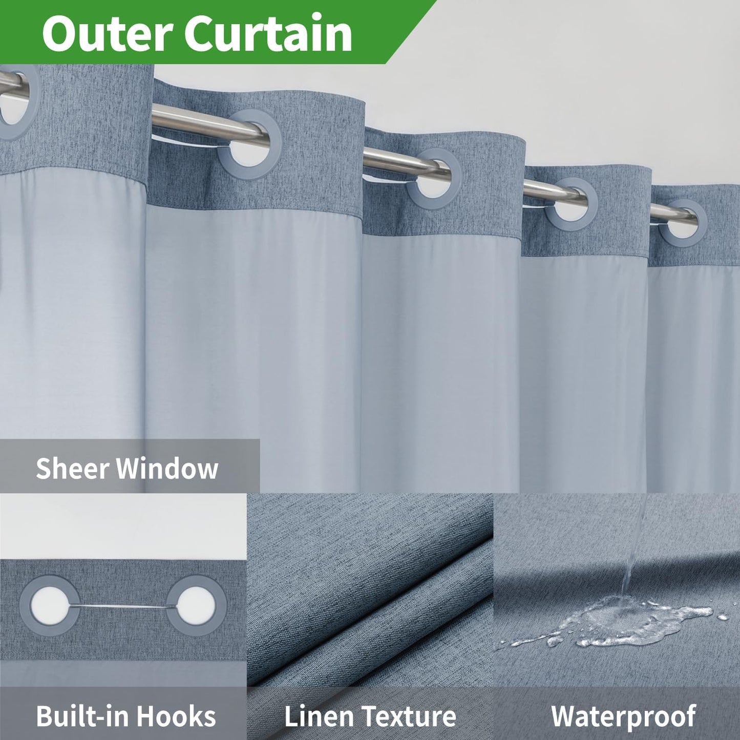 Extra Long No Hooks Needed Linen Textured Shower Curtain with Snap-in Fabric Liner Set,Blue Grey Hotel Luxury Decor Shower Curtains for Bathroom,Waterproof & Washable,71Wx86H