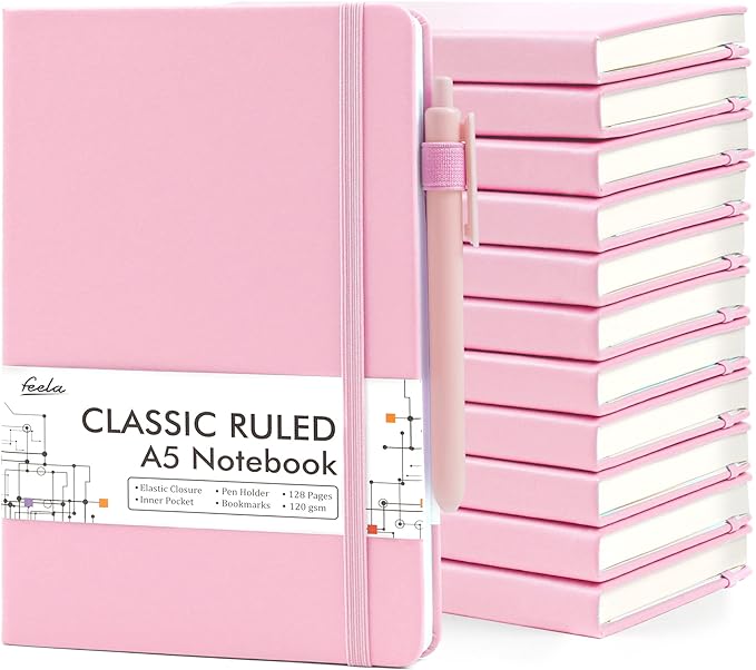 feela 12 Pack Notebooks Journals Bulk, Hardcover Notebook Classic Ruled Lined Journals with Pen Holder for Women Girls School Business Supplies, with 12 Black Pens, 120 GSM, 5.1”x8.3”, A5, Rose Pink