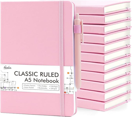 feela 12 Pack Notebooks Journals Bulk, Hardcover Notebook Classic Ruled Lined Journals with Pen Holder for Women Girls School Business Supplies, with 12 Black Pens, 120 GSM, 5.1”x8.3”, A5, Rose Pink