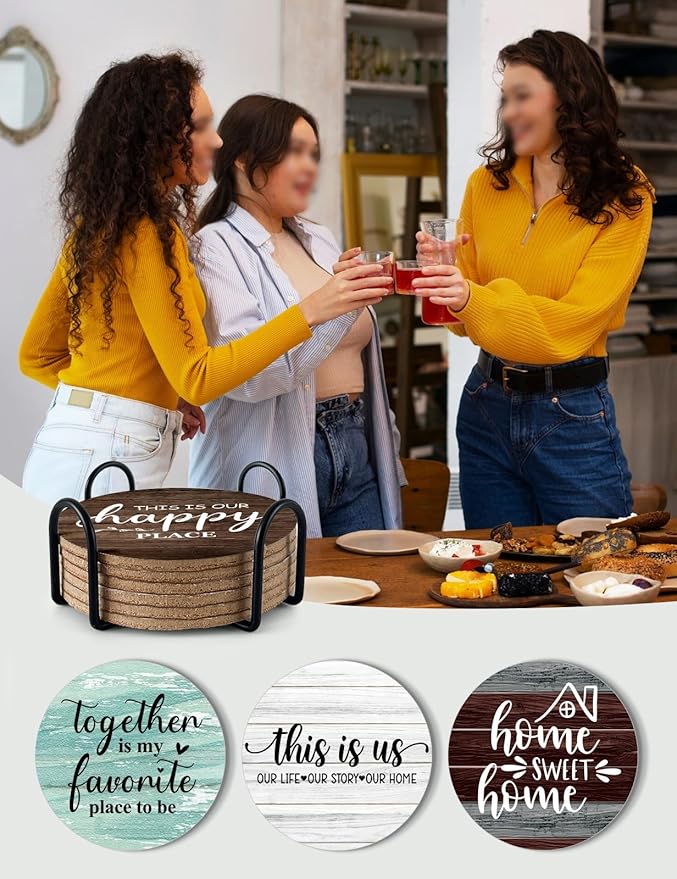 Funny Home Sweet Home Coasters for Drinks - Farmhouse Coffee Bar Coasters Set of 6 with Holder, Home Kitchen Decor Accessories, House Warming Gifts for Woman Coffee Lovers
