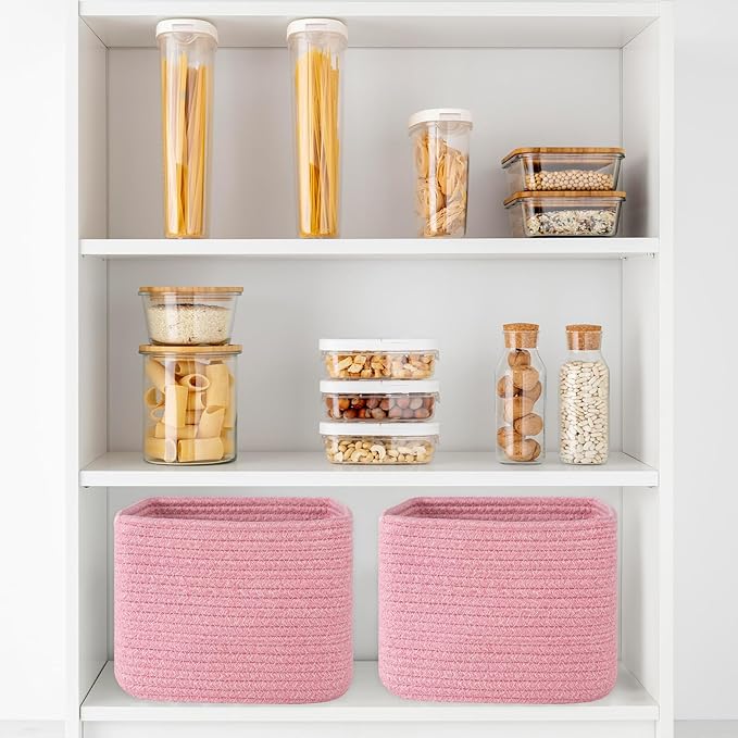 OIAHOMY 9”x9”x7” Storage Cubes, Cotton Rope Woven Baskets for Organizing, Cube Storage Bin, Small Gift Basket for Shelf, 3-Pack, Pink