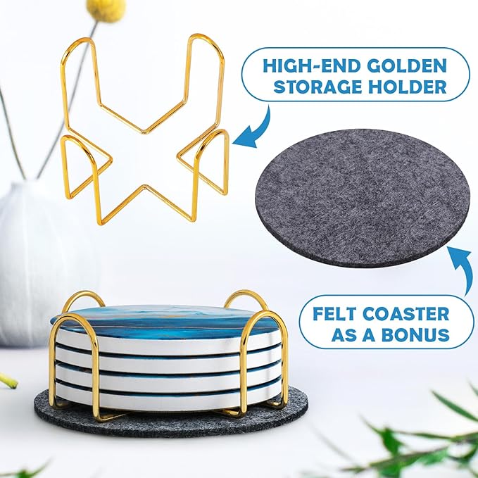 GOH DODD Coasters for Drinks Set of 4, Absorbent Marble Style Ceramic Coaster Set Tabletop Protection Home Decor with Metal Golden Holder for Coffee Table, Father‘s Day Gifts, Blue, Round, 4 Inches