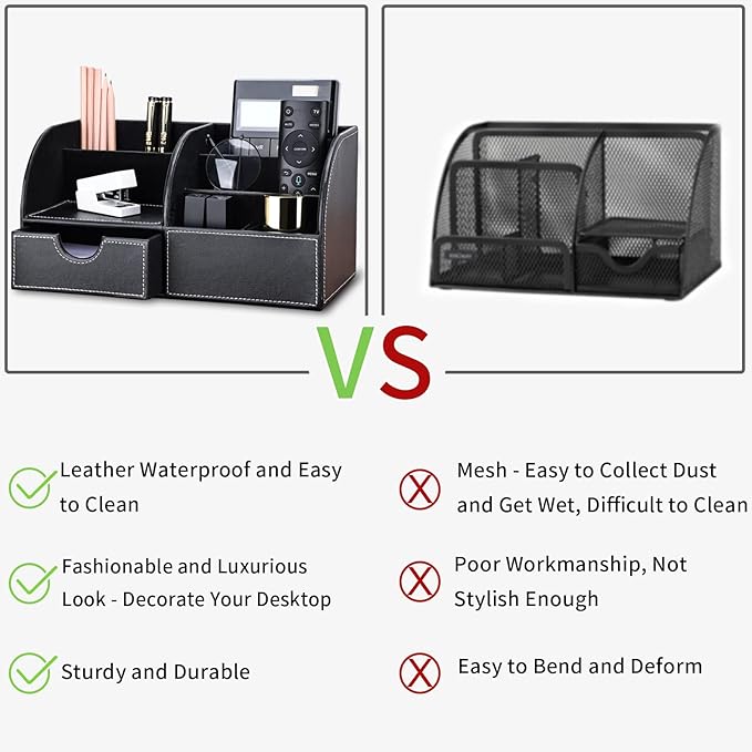 KINGFOM Pu Leather Desk Organizer Pen Pencil Holder Office Supplies Caddy Storage Box 6 Compartments with Drawer Black