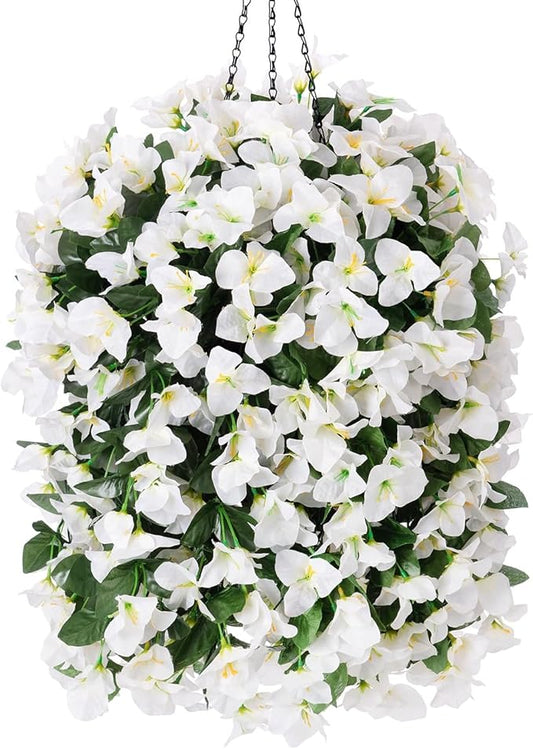 Artificial Bougainvillea Faux Flowers Plants Baskets for Outdoor Outside Summer Decoration, 3 PCS Fake Silk Long Hanging Vines UV Resistant Realistic for Front Door Porch Patio Balcony, White