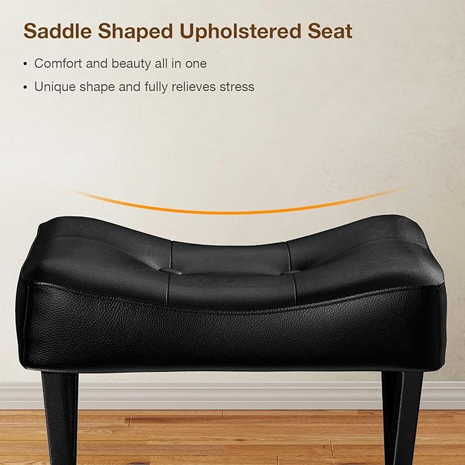 18-Inch Leather Vanity Stool Chair, Vanity Bench with Metal X-Leg, Ottoman Accent Stool with Thick Padded Saddle Seat, Black