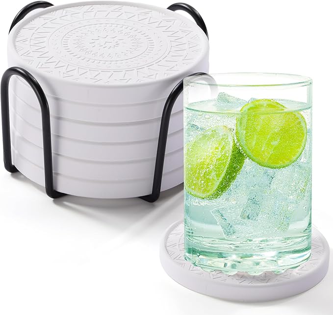 Photect Diatomaceous Earth Coasters Set with Holder Absorbent Stone Drink Coasters Instant Drying Tray for Tabletop Protection Home Decoration Housewarming Gift(White,6 Pcs)