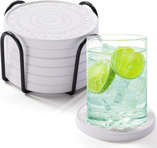 Photect Diatomaceous Earth Coasters Set with Holder Absorbent Stone Drink Coasters Instant Drying Tray for Tabletop Protection Home Decoration Housewarming Gift(White,6 Pcs)