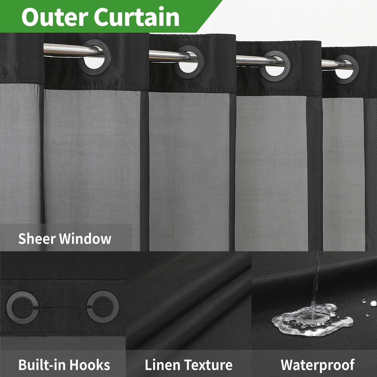 Long No Hooks Needed Linen Textured Shower Curtain with Snap-in Fabric Liner Set,Black Hotel Luxury Decor Shower Curtains for Bathroom,Waterproof & Washable,71Wx80H