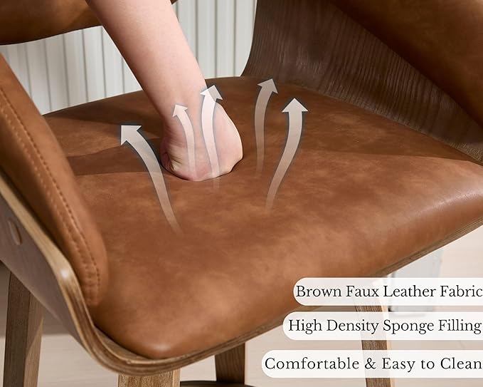 HNY 26 Inch Swivel Bar Stools with Back Set of 6, Brown Faux Leather Upholstered Counter Height Barstools with Solid Bentwood Frame, Round Footrest, Modern Barrel Counter Stools for Kitchen Island
