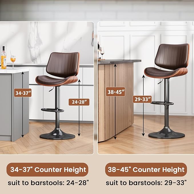 Swivel Bar Stools Set of 2, Adjustable Bentwood Barstools for Kitchen Counter, Modern PU Leather Upholstered Bar Chair with Back and Footrest, for Kitchen Island, Bar, Dining Room, Brown