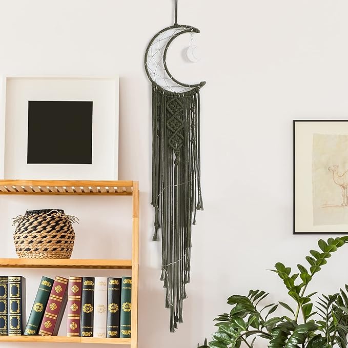 Olive Macrame Moon Dream Catcher, Boho Crescent Phase Woven Wall Hanging with Light, Handmade Unique Bohemian Nursery Decor with Star Ornament Decoration for Home Bedroom, for Girl Kids