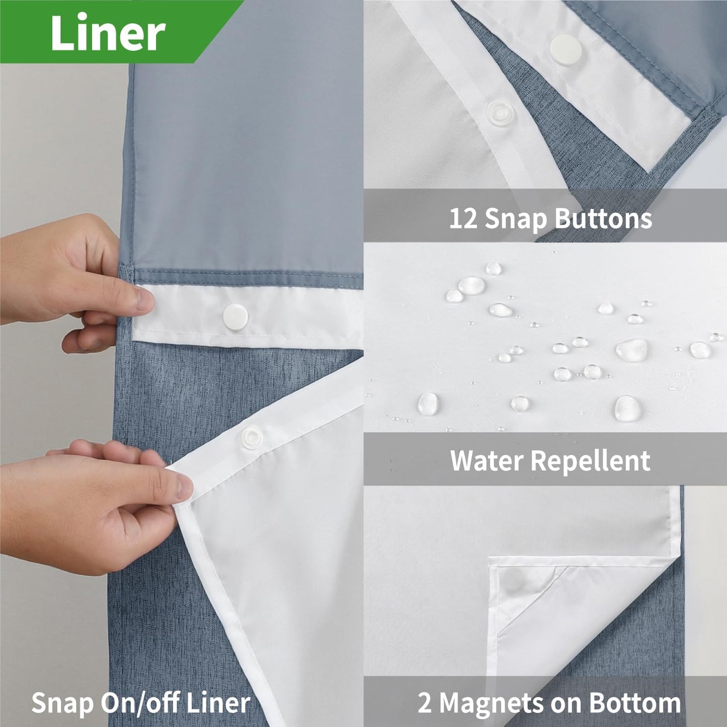 No Hooks Needed Linen Textured Shower Curtain with Snap-in Fabric Liner Set,Blue Grey Hotel Luxury Decor Shower Curtains for Bathroom with Mesh Top Window,Waterproof & Washable,71Wx74H