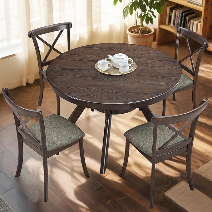 NicBex 47.24" Rubber Wood Round Dining Table for 4-6 People, Mid-Century Kitchen and Dining Table with Wooden Trestle Base, Rustic Brown Solid Wood and MDF Table for Dining Room or Living Room Brown