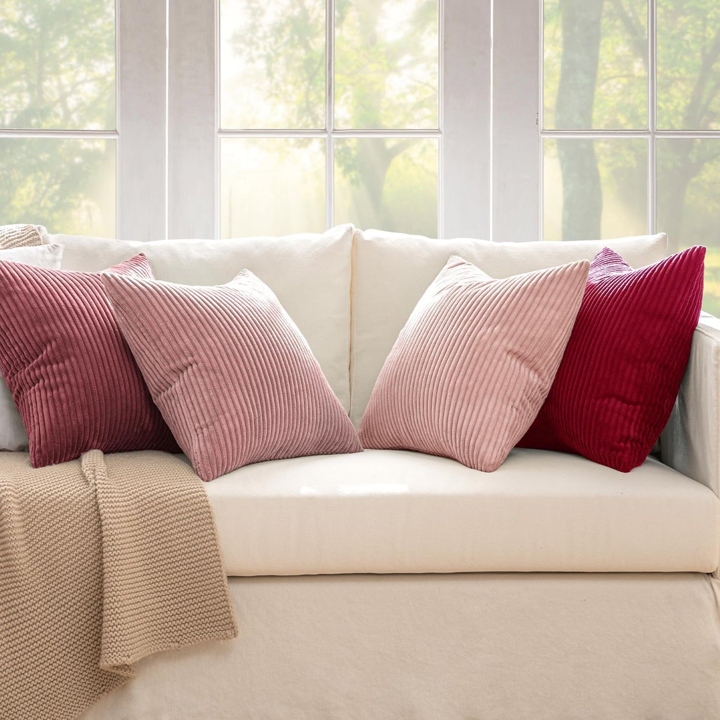 MIULEE Boho Farmhouse Christmas Throw Pillow Covers 18x18 Inch Set of 4 Romantic Decorative Cushion Covers Spring Corduroy Home Decor for Feminine Valentines Couch Bed Sofa Living Room Aesthetic Pink