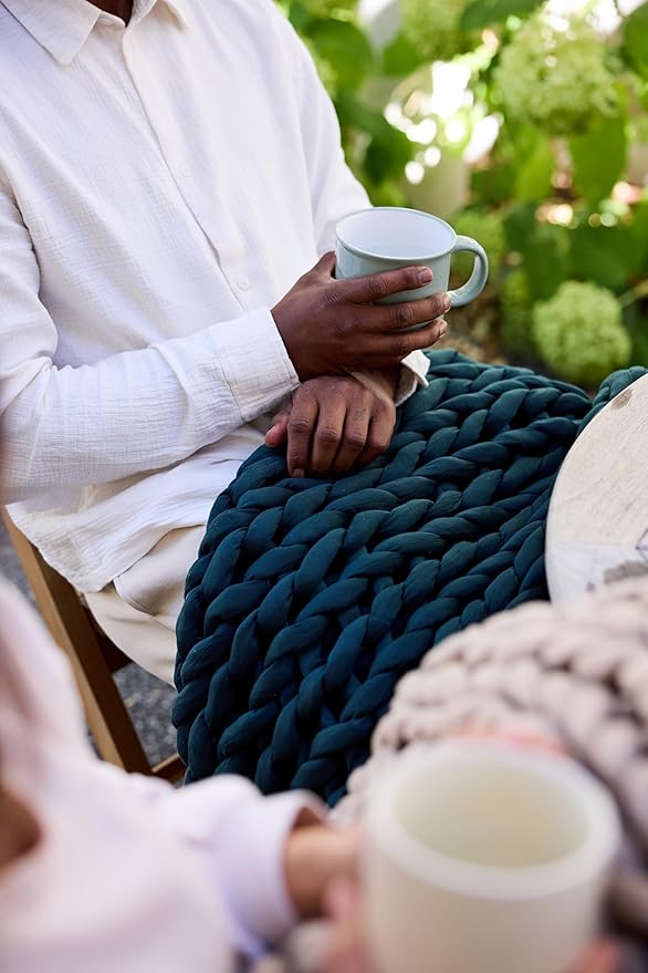 Nuzzie Chunky Knit Weighted Blanket - Breathable, Cooling, Hand Made Knit Throw Blanket for Sleep - Machine Washable, Stylish Decor Design (Dusty Blue, Queen | 28lbs | 80"x80")