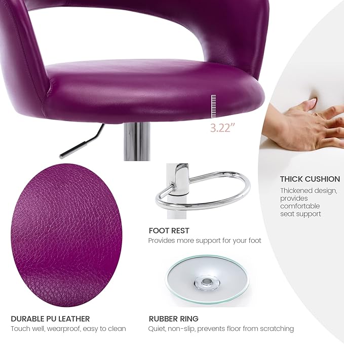 Brage Living Wide Bar Stool, Modern PU Leather Swivel Adjustable Barstool with Hollow Back and Arms, Upholstered Airlift Counter Height Bar Chair for Kitchen Dining (Purple)