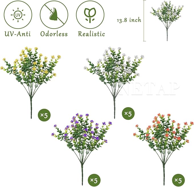 Outdoor Artificial Flowers UV Resistant, 20 Bundles Fake Realistic Floral Greenery Plants for Outside Porch, Window Boxes, Garden, Yard, Inside Home Table Decor, MixColorA