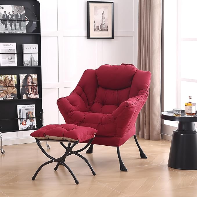 LITA Lazy Chair with Ottoman, Modern Accent Leisure Upholstered Sofa, Contemporary Lounge Reading Chair with Armrests and a Side Pocket for Living Room, Bedroom & Small Space, Burgundy