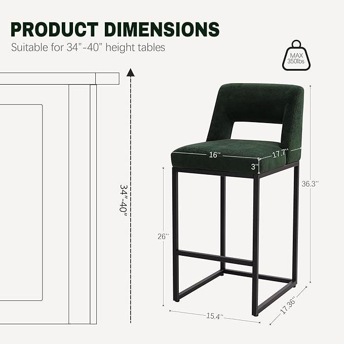 Counter Height Bar Stools Set of 6 for Kitchen Counter Modern Bar Chairs with Backs for Kitchen Island with Upholstered Fabric Seat and Metal Frame, Green, 26 Inch
