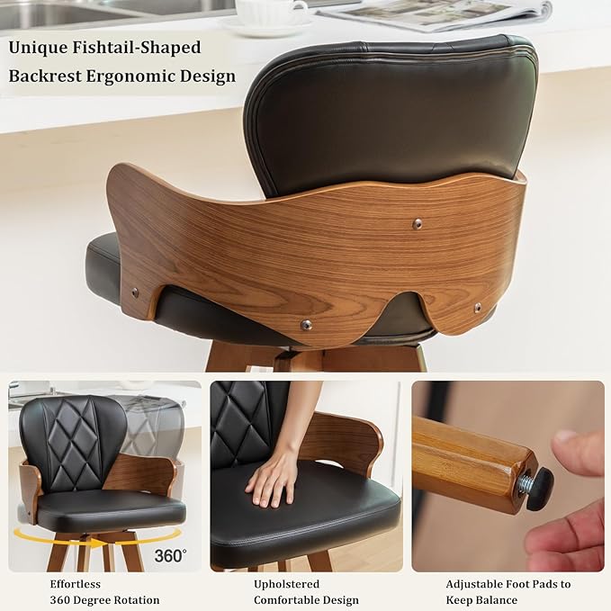 26.7” Swivel Bar Stools Set of 2,Black Faux Leather Counter Height Stools with Armrest and Fishtail-Shaped Back,Mid Century Modern Barstools,Walnut Bar Chair for Kitchen Island or Home Bar