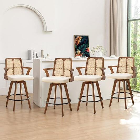 Set of 4 Mid Century Modern Counter Stools - 27 inch Swivel Rattan bar stools with Cane Back, Walnut Craftsmanship, Upholstered Faux Leather, Ideal for Counter/Kitchen/Bar/ Island (Walnut Beige)